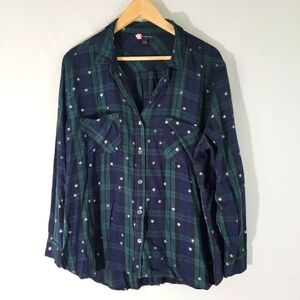 Rock & Republic Green Plaid Button Up Shirt XXL Long Sleeve Sparkle Star Print